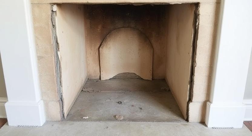 A clean and empty fireplace opening after the removal of a cast iron insert.