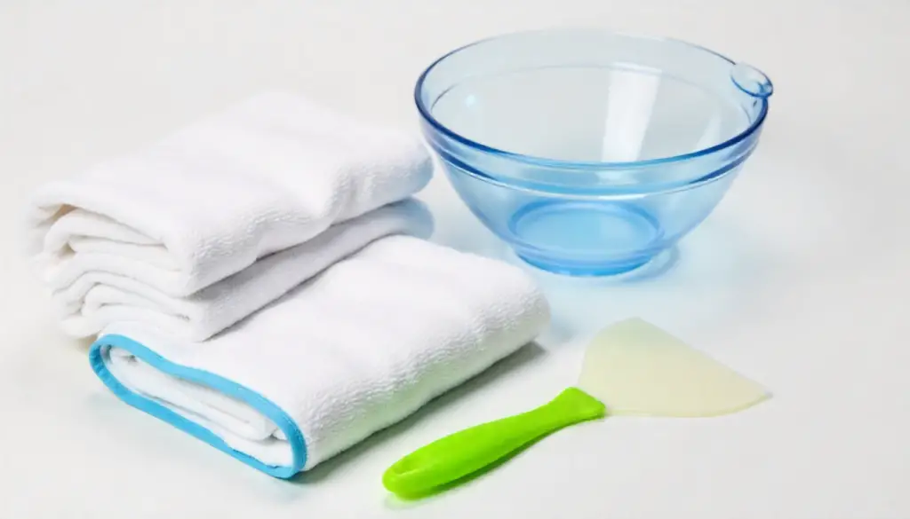 A collection of tools for defrosting a freezer without getting water everywhere, including towels, a plastic scraper, and a bowl.