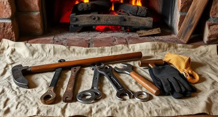 A collection of tools including a crowbar, wrench, and gloves laid out on a drop cloth in front of a fireplace.