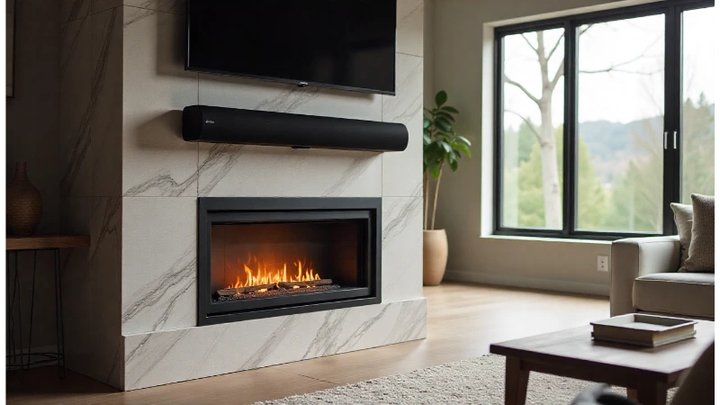 A sleek soundbar mounted directly above a modern fireplace mantel.