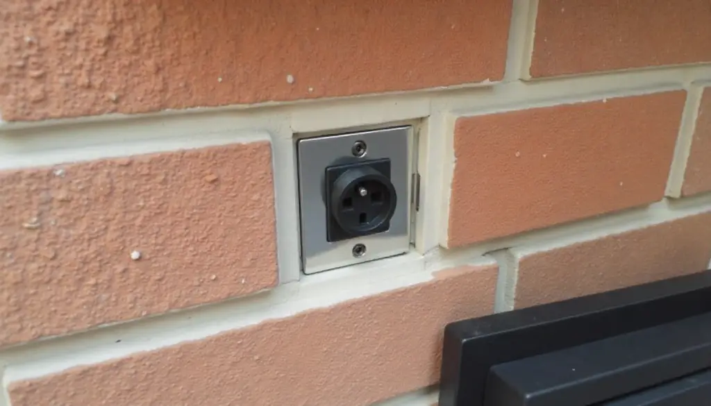 A recessed electrical outlet installed on a brick fireplace wall, ready for a mounted TV.