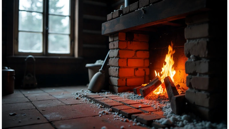 A detailed view of an old brick fireplace ash pit with no cleanout door visible in the firebox.