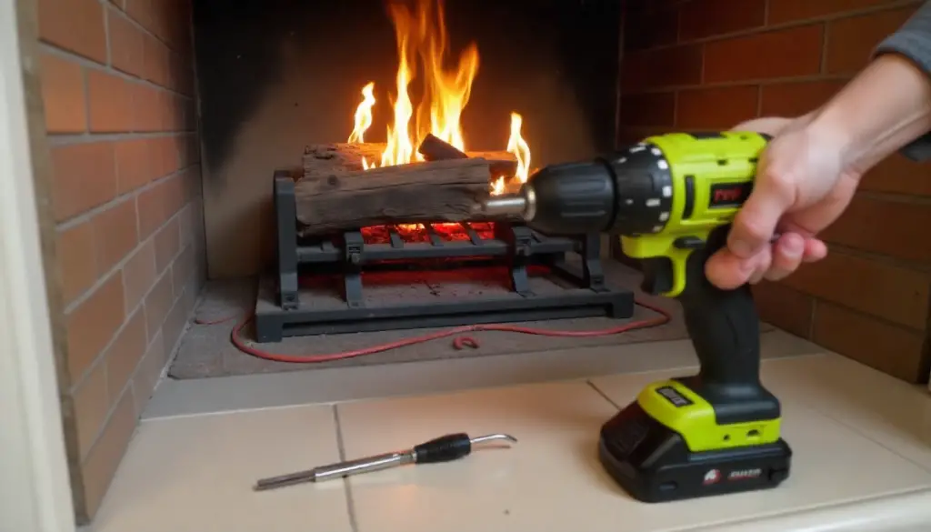 Close-up of the necessary tools for installing an electrical outlet inside a fireplace, including a drill and wiring.