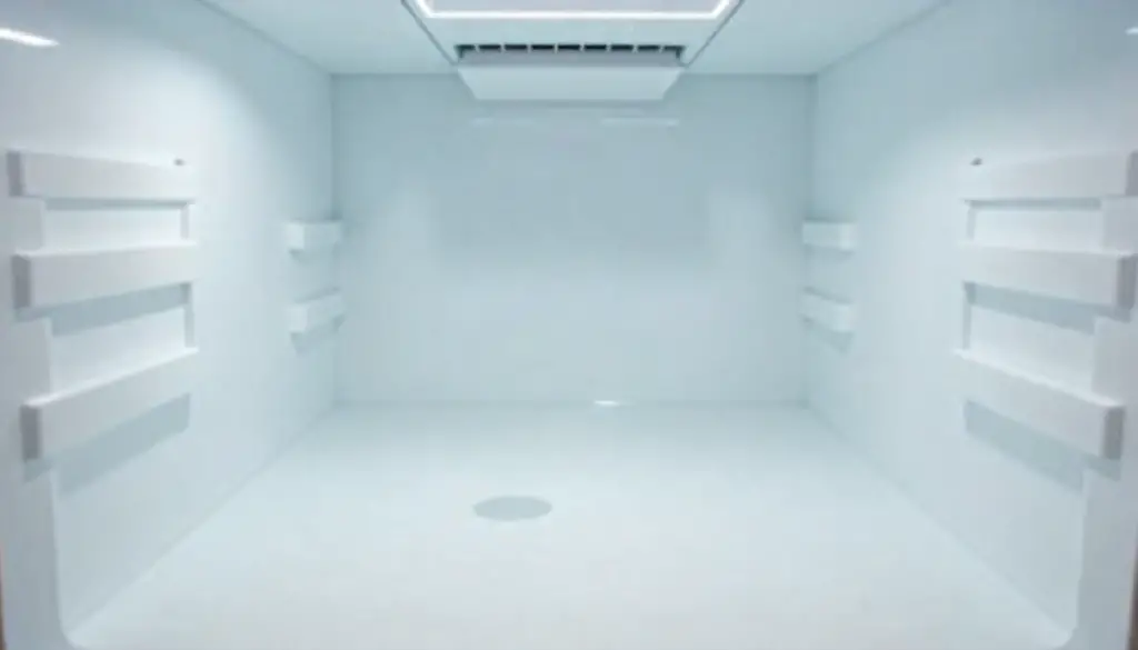 The clean, dry interior of a freshly defrosted freezer, showing how to do it without getting water everywhere.