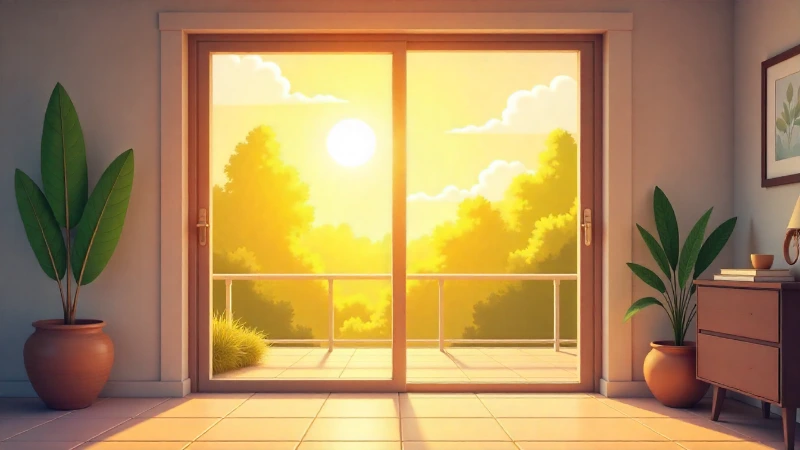 A bright sliding glass door with intense sunlight pouring through, illustrating the need to block heat.