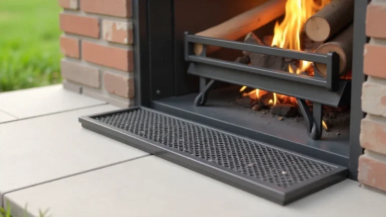 A close-up of a newly installed metal mesh vent cover on the exterior of a home, preventing access to the fireplace vent.