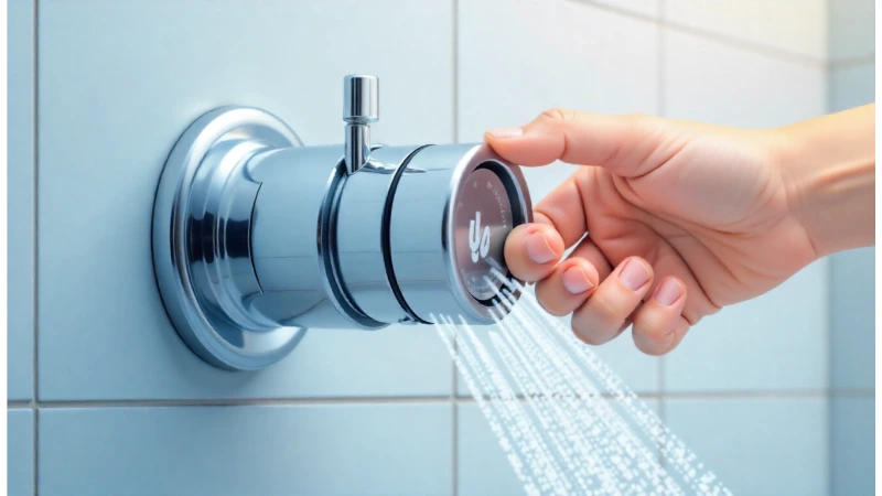 A close-up of a shower valve's anti-scald device being adjusted to fix a shower that is too hot or too cold.