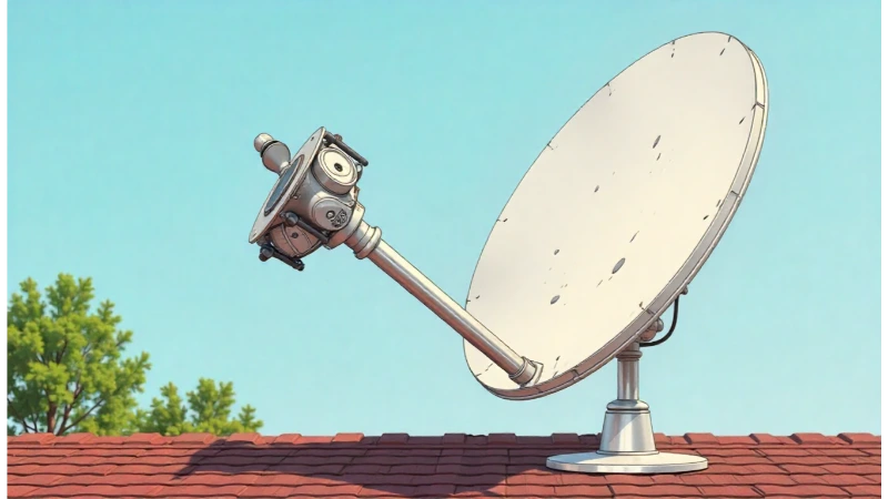 A close-up of the mounting bracket of an old satellite dish on a roof, highlighting the bolts to be removed.