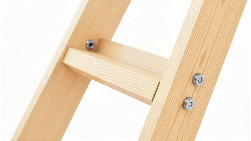 A close-up view of a new set of attic ladder hinge arms ready for installation.