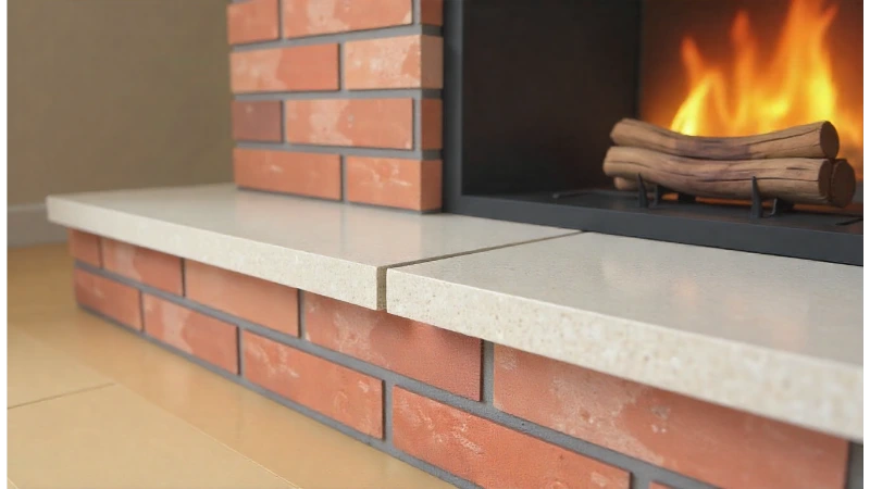 A close-up view of a properly sealed gap between a brick fireplace and a stone hearth, showcasing how to fill a gap between hearth and fireplace.