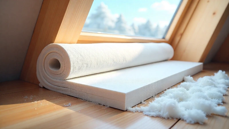 A close-up view of a rigid foam board insulation plug wrapped in fabric, ready to be installed in a skylight opening to demonstrate how to insulate skylights for winter.