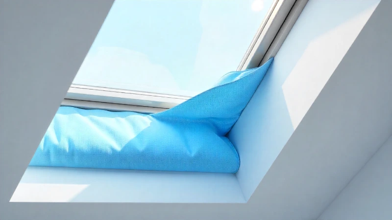 A close-up view of a rigid foam board insulation plug wrapped in fabric, ready to be installed in a skylight opening to demonstrate how to insulate skylights for winter.