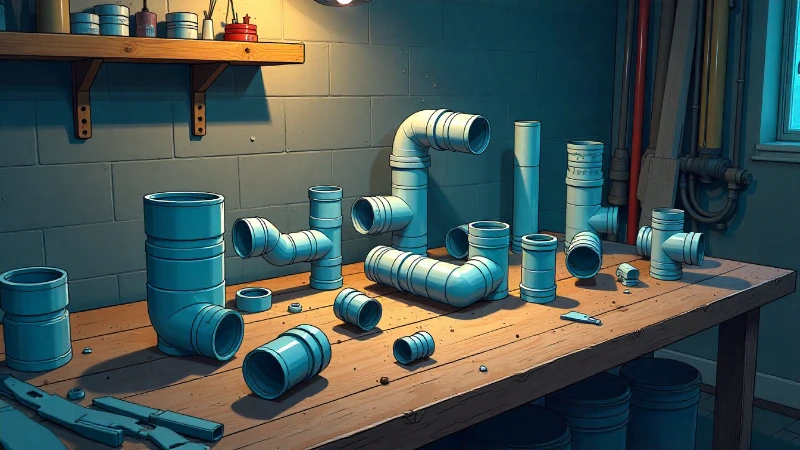 A collection of PVC pipes and fittings laid out on a workbench, ready for assembling a DIY gutter cleaner.