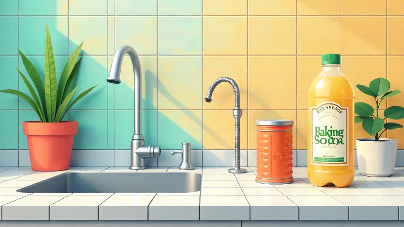 A collection of safe and eco-friendly drain cleaning alternatives, including a plunger, drain snake, baking soda, and vinegar, arranged on a clean surface.