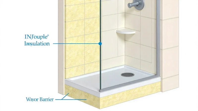 A cross-section diagram showing the layers of a properly insulated shower wall, highlighting the placement of unfaced insulation and a separate vapor barrier.