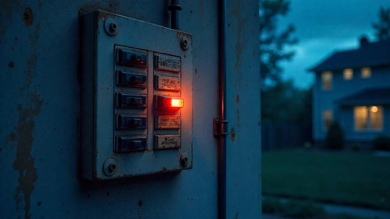 A dark circuit breaker panel with one breaker switch visibly in the tripped position during a partial power outage during storm.