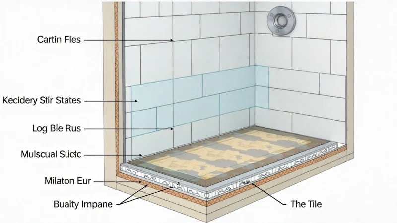A detailed cross-section of a properly installed shower waterproofing system, showing the different layers from the studs to the tile.
