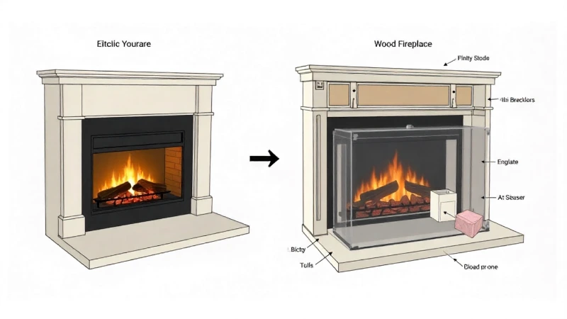 A detailed thumbnail image illustrating the structural components needed to convert an electric fireplace to a wood burning one, with no people or animals shown.