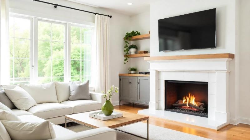 A remodeled living room showcasing a newly lowered fireplace box with a TV mounted above.
