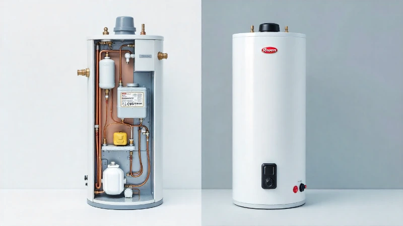 A side-by-side schematic of an AO Smith and a Rheem water heater, highlighting internal components.