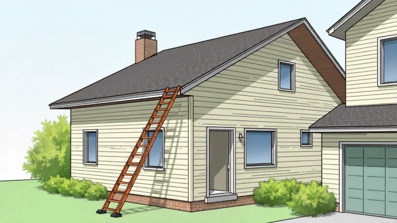 A sturdy extension ladder properly angled against the eaves of a two-story house for safe roof access.