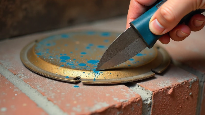 A tarnished and paint-splattered brass fireplace gas valve cover plate on a brick hearth.