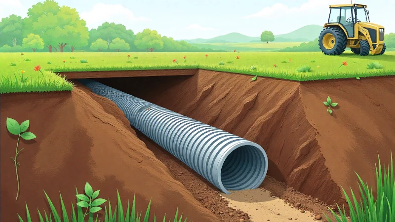 A trench being dug for the installation of a corrugated drain pipe.