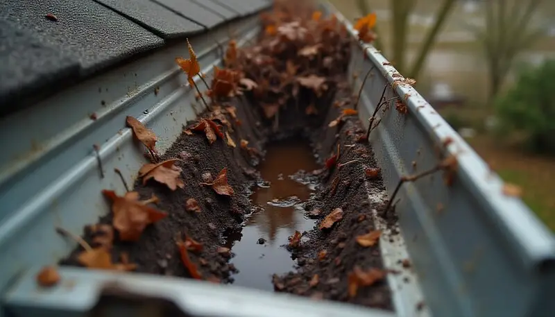 A close-up of my own gutter, visibly clogged with leaves and shingle grit