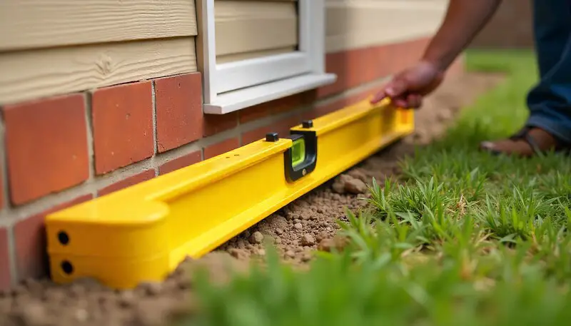 4-foot level on the ground against foundation, with you pointing to the 2-inch gap at the far end to illustrate the proper slope