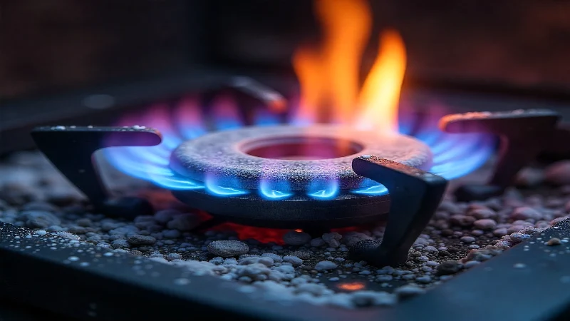 The style is modern and it is a detailed illustration Macro shot of a gas fireplace burner, winter scene, several ports blocked by spiderwebs and dust, resulting in a weak, blue flame; shot with shallow depth of field.