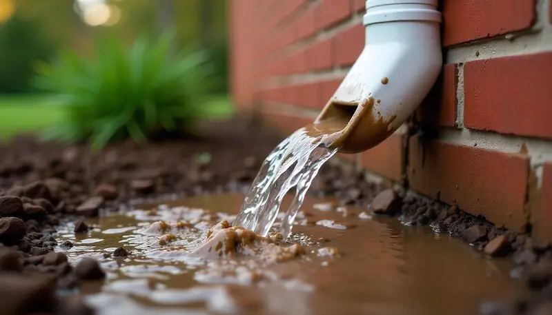 A picture of where a short downspout dumps water, clearly showing the cratered dirt.