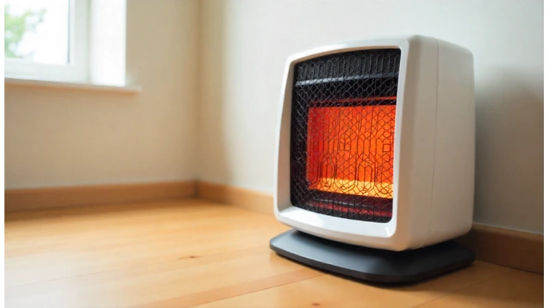 A clean, modern electric space heater on a wooden floor, illustrating the source of a potential buzzing noise.