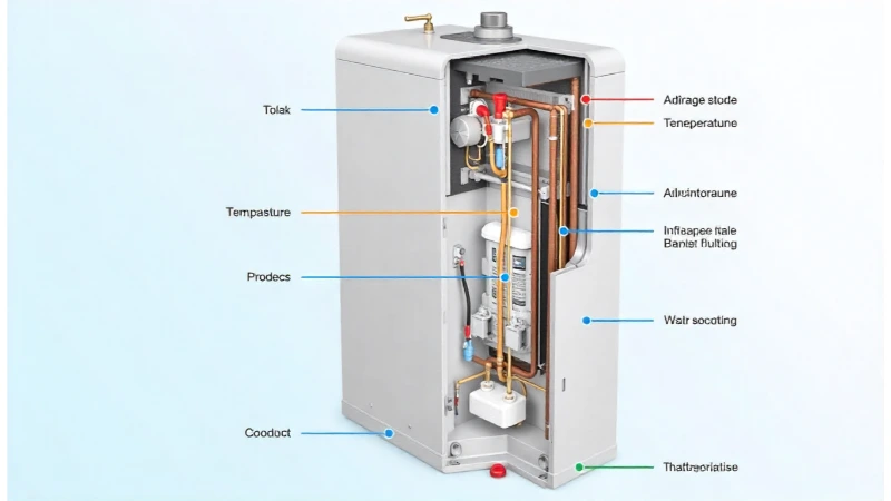 A clear, labeled cutaway view of a Navien tankless water heater, highlighting key components related to temperature fluctuation.