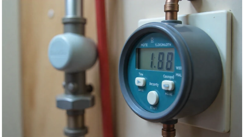 A close-up of a digital timer connected to a hot water recirculation pump, showcasing the solution for a tankless water heater.
