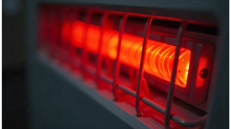 A close-up of an electric wall heater's heating element glowing red due to overheating.