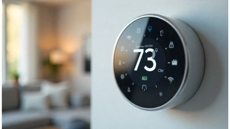 A close-up view of a modern digital thermostat for an electric wall heater.