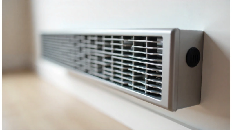 A close-up view of a modern electric baseboard heater unit installed on a wall, highlighting the design and fins