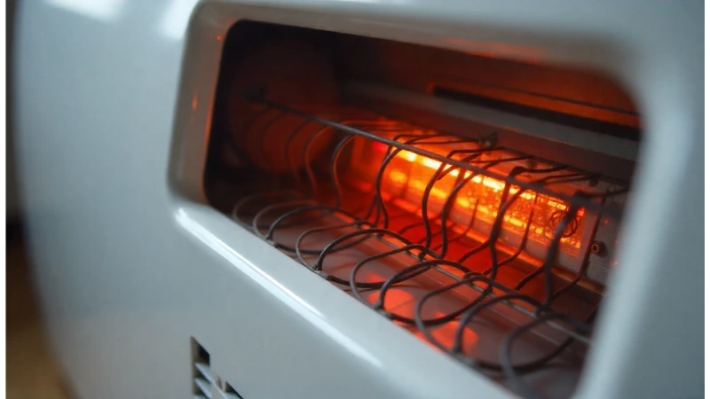 A close-up view of an electric heater's vent with a visible heating element, illustrating a common source for a buzzing noise.