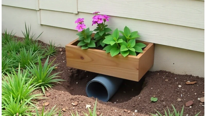 A creative solution for hiding a sump pump discharge pipe using a decorative wooden enclosure that doubles as a planter.