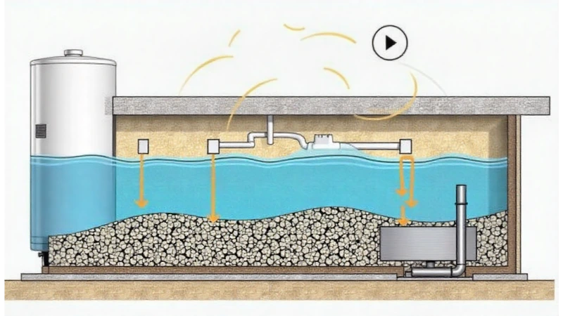 A cross-section diagram showing sediment buildup at the bottom of a water heater tank, illustrating the cause of the water heater sounds like rocks.