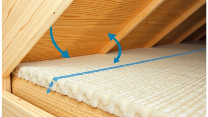 A cross-section of an attic showing plywood directly compressing soft insulation, with arrows indicating trapped moisture.