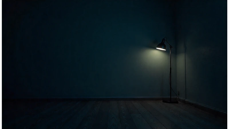 A dark room with only a single floor lamp illuminated, illustrating a partial power outage after storm.