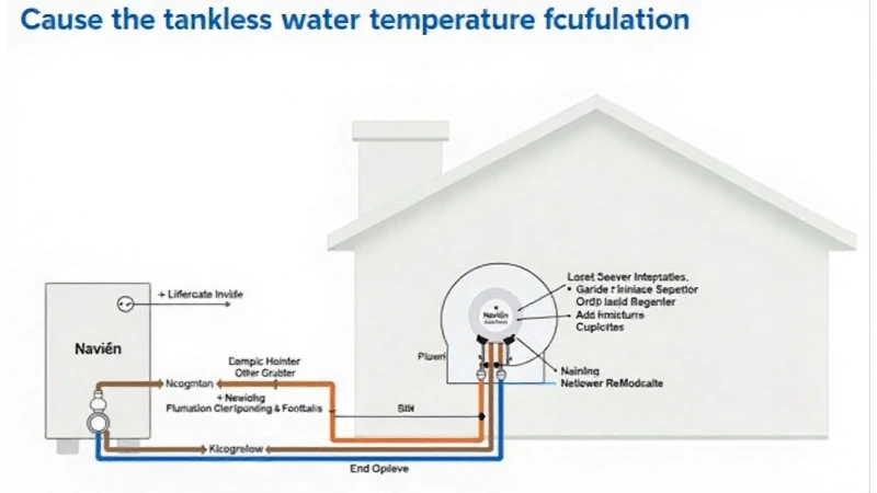 A diagram illustrating the causes of Navien tankless water heater temperature fluctuation within a home's plumbing system.