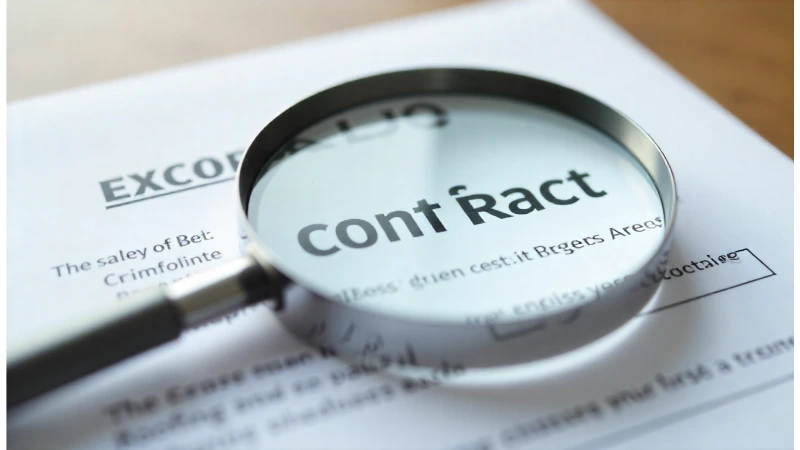 A magnifying glass hovering over a roofing contract, symbolizing the importance of due diligence and separating fact from fiction when addressing why the pyramid scheme label hurts Best Choice Roofing.