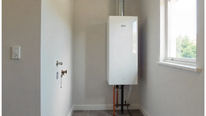A modern electric water heater unit installed in a clean utility room, showcasing the simplicity of switching from propane to electric water heater.