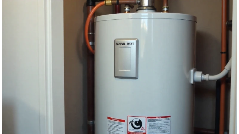 A modern electric water heater unit shown with clear labels for safety and installation within a utility space.