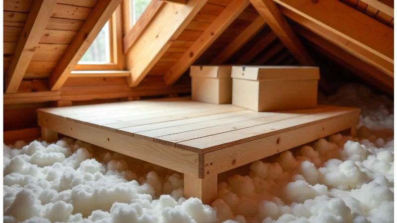 A properly constructed raised wooden platform in an attic, sitting high above deep, fluffy insulation, with storage boxes neatly placed on top.