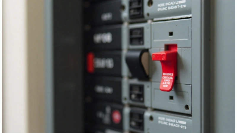 An image of a home's circuit breaker panel, with a focus on the switch corresponding to the heating system.