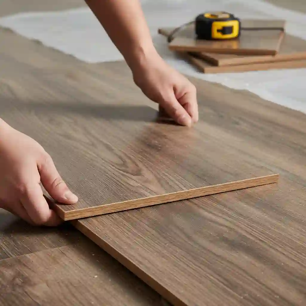 A close-up of hands installing wood-look laminate flooring planks. One plank is being carefully clicked into place with an existing one, demonstrating the ease of installation for a DIY project. A measuring tape is visible in the background on other planks.