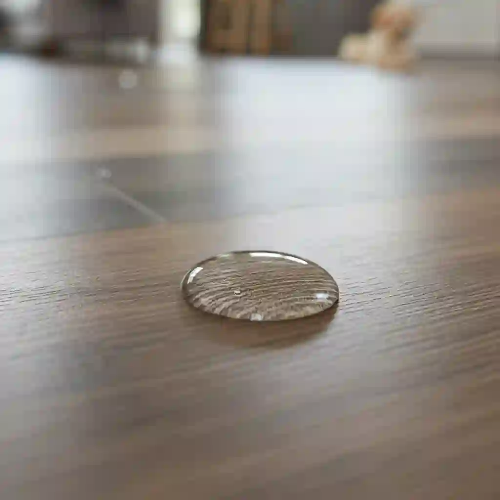 A close-up shot of a single, perfectly beaded droplet of water resting on a dark, wood-grain textured laminate floor, demonstrating its waterproof surface. In the blurred background, a pet is visible, suggesting a home environment.